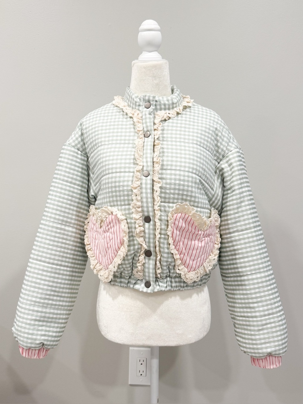 Altar'd State Quilted Gingham Jacket with Pink Heart Pockets